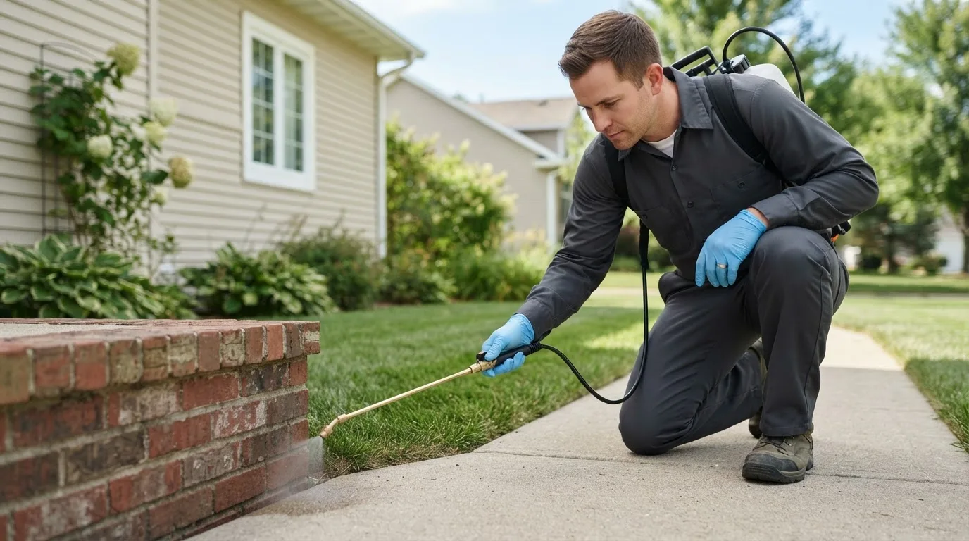 Pest control technician treating a home near Windyville, MO