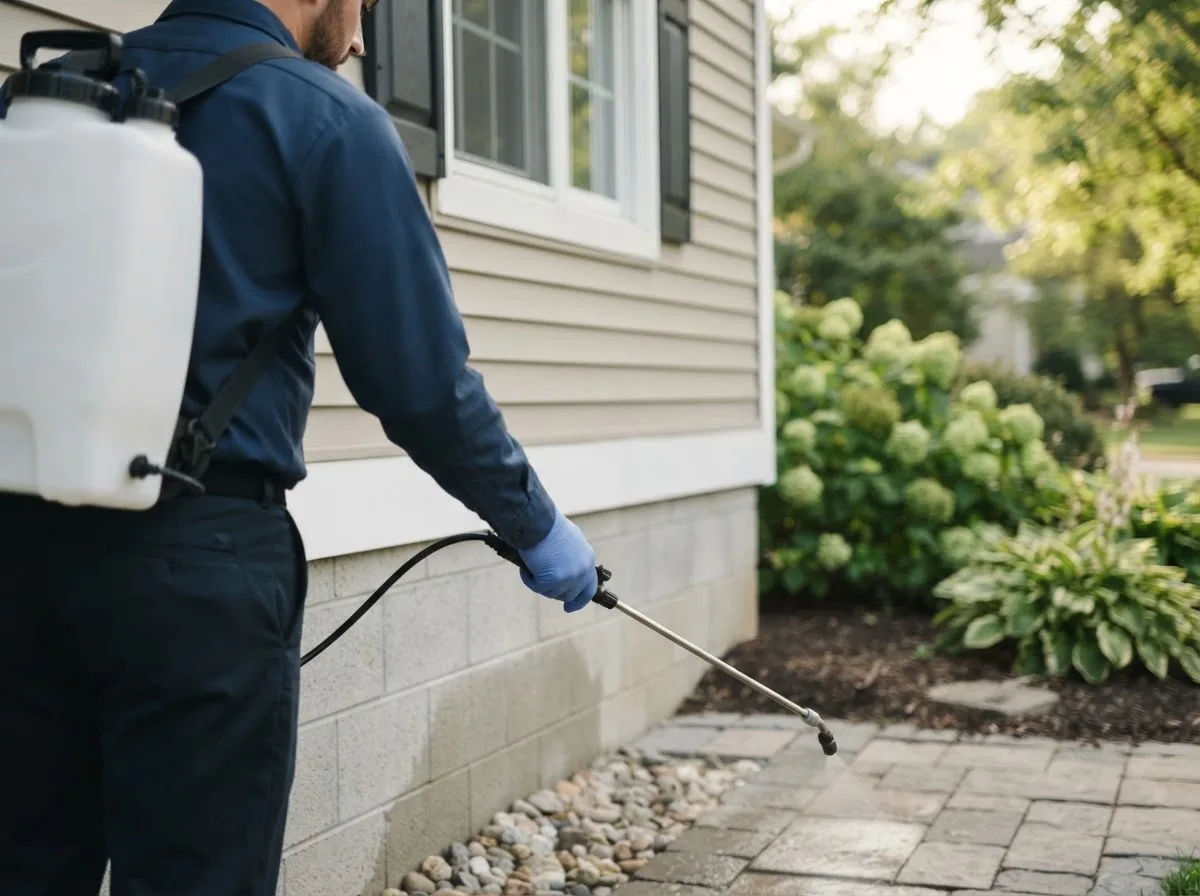 Pest control technician inspecting a home in Windyville, MO